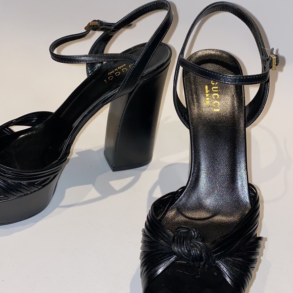 Gucci Italy  platform black leather sandals pumps heel buckle classic footwear - Picture 3 of 8